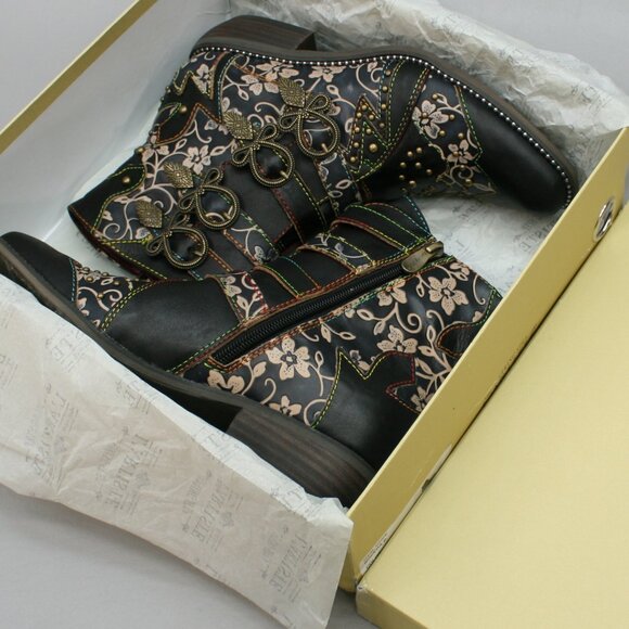 L'Artiste 37 Ladies (6.5-7) Spring Step Rodeha Black Side-zipper Ankle Booties - Picture 2 of 11